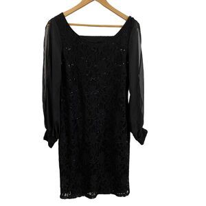 Scarlett Cocktail Evening Dress‎ Womens 10 Black Lace Sequins Sheer Long Sleeves